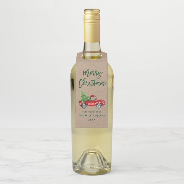 Etiqueta Para Garrafa Kraft Green Brush Script Christmas Truck (Na garrafa)
