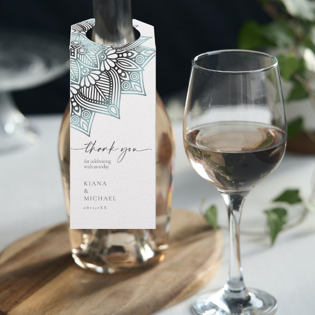 Etiqueta Para Garrafa Mandala Lace Casamento Obrigado Lt. Azul ID968 (Wine Bottle In Situ)