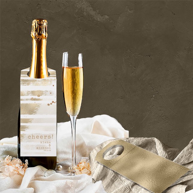 Etiqueta Para Garrafa Ouro Brush Stroke Stripes Casamento Cheers ID655 (Front/Back In Situ)