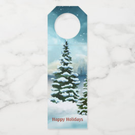 Etiqueta Para Garrafa Pinhas cobertas de neve perto de um lago