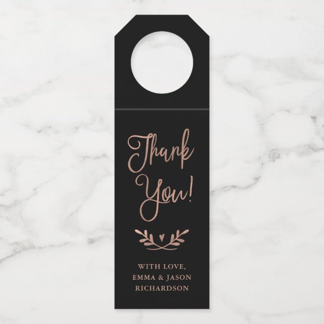 Etiqueta Para Garrafa Script rosa Dourado | Preto Profundo Obrigado (Frente)