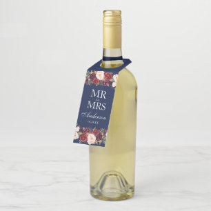 Etiqueta Para Garrafa Sr. e Sra. Borgonha Floral Azul Casamento