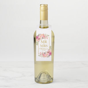 Etiqueta Para Garrafa Sr. e Sra. Cor-de-rosa Floral Ouro Casamento