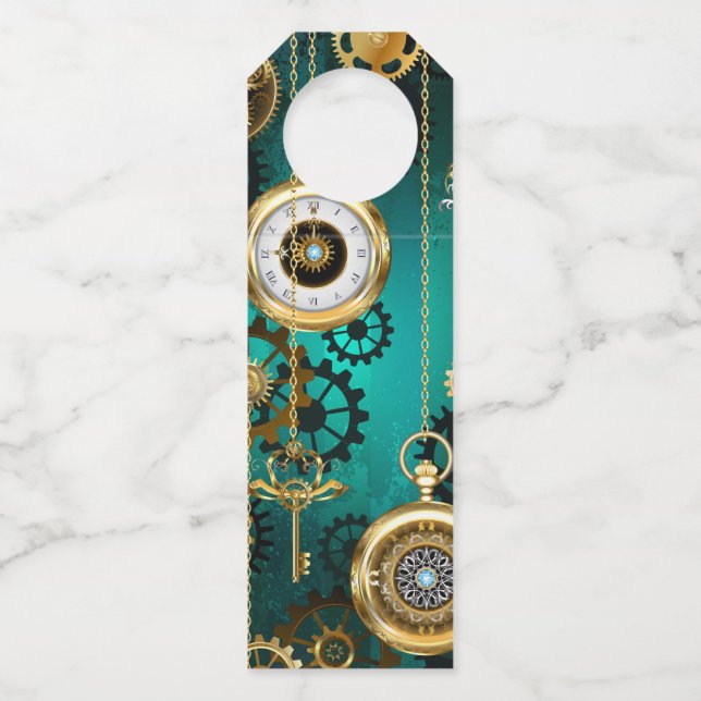 Etiqueta Para Garrafa Steampunk Jewelry Watch em um fundo verde (Frente)