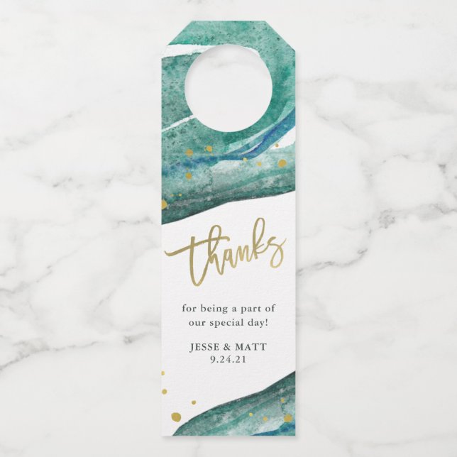 Etiqueta Para Garrafa Teal de Aquarela e Geodo Dourado | Obrigados (Frente)