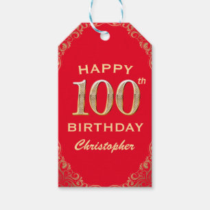 Etiqueta Para Presente 100º Quadro vermelho e brilhante Dourado Festa de