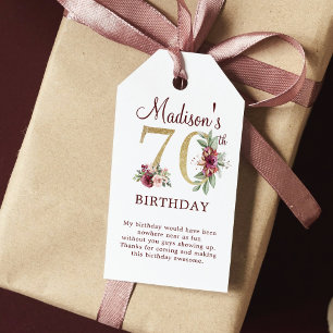Etiqueta Para Presente 70 Birthday Burgundy Dourado Floral Personalizado