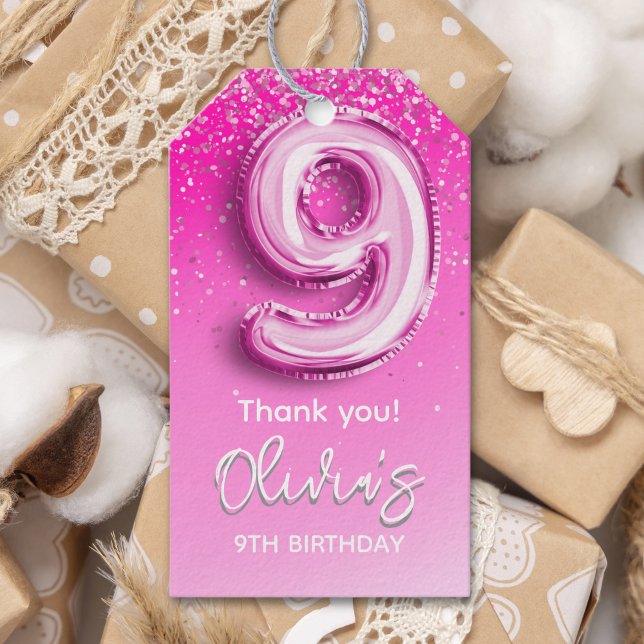 Etiqueta Para Presente 9th Birthday Girl with Pink Number Balloon (Criador carregado)