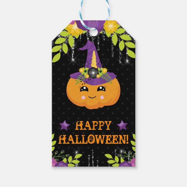 Etiqueta Para Presente Abóbora Floral de Halloween Fofa (Frente)