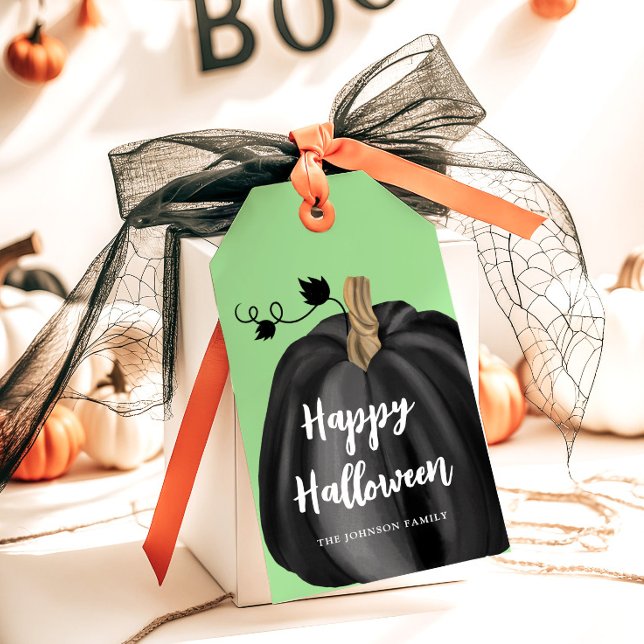 Etiqueta Para Presente Abóbora Preta Elegante Halloween (Cute Green Script Pumpkin Happy Halloween Gift Tags)