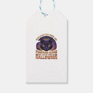Etiqueta Para Presente Abóboras Brilham Halloween Gato Preto Folhas Caind