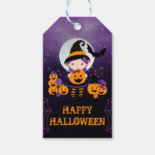 Etiqueta Para Presente Abóboras de Menina Bruxa Feliz Halloween
