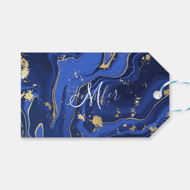 Etiqueta Para Presente Abstrato de mármore azul-azul-claro (Frente (horizontal))