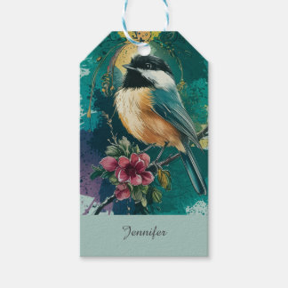 Etiqueta Para Presente Abstrato Watercolor Chickadee - Teal