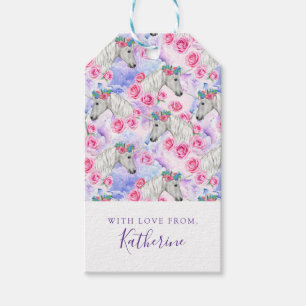 Etiqueta Para Presente Adicione seu nome   Padrão de Unicórnios e Rosas