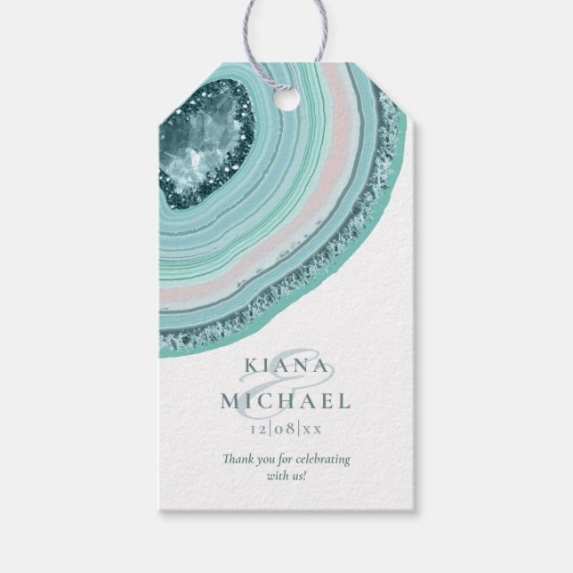 Etiqueta Para Presente Agate Geode Glitter Wedding Obrigado Teal ID647 (Frente)