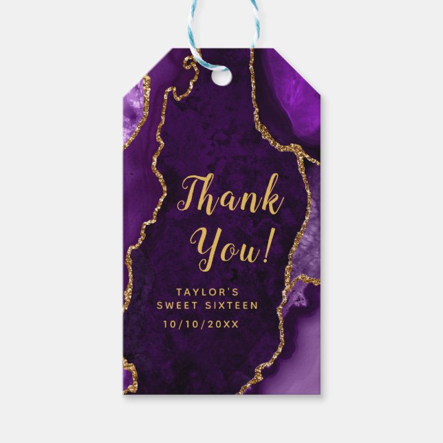 Etiqueta Para Presente Agate Roxo e Dourado Doce Dezesseis Obrigado (Frente)
