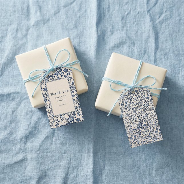 Etiqueta Para Presente Agradecimento de Casamento com Floral Chinoiserie  (Navy Chinoiserie Floral Wedding Thank You Gift Tags)