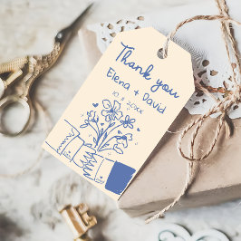 Etiqueta Para Presente Agradecimento de Casamento Floral Azul Desenhado à