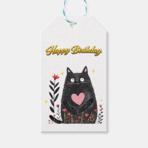 Etiqueta Para Presente Aguarela Floral Gato Preto Coração Rosa Aniversári