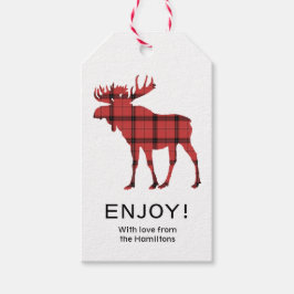 Etiqueta Para Presente Alce de Natal Xadrez Vermelho Padrão Tartan
