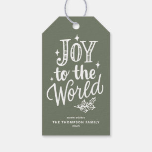 Etiqueta Para Presente Alegria para o Mundo Letreiro Verde Bege de Natal