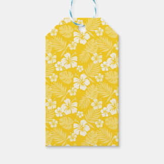 ETIQUETA PARA PRESENTE AMARELO COM FLORES DE HIBISCUS BRANCOS TROPICAIS