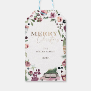 Etiqueta Para Presente ameixa de aquarela e natal cor-de-rosa