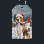Etiqueta Para Presente American English Foxhound Dog Winter Christmas Joy<br><div class="desc">seu design festivo captura o espírito alegre da época de férias, apresentando um adorável filhote vestindo um chapéu de Papai Noel. O gato está aninhado numa terra maravilhosa de inverno, completo com um boneco de neve, uma árvore de Natal decorada, e presentes lindamente envoltos. Os flocos de neve caem suavemente,...</div>