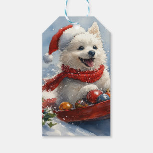 Etiqueta Para Presente American Eskimo em Trenó Deixe Nevar Natal