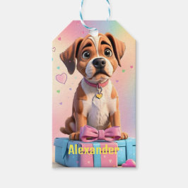 Etiqueta Para Presente Amigos Furry Boxer Puppy com presentes coloridos