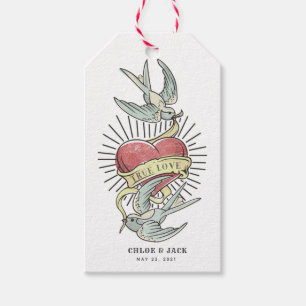Etiqueta Para Presente Amor verdadeiro Vintage Tattoo Birds with Heart