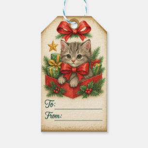 Etiqueta Para Presente Amuleto de Gatinho Festivo & Arco de Pinheiro
