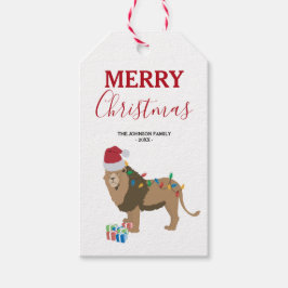 Etiqueta Para Presente Animal engraçado do Leão de Natal com Papai Noel