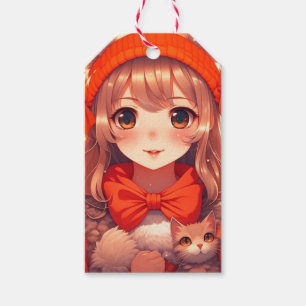 Etiqueta Para Presente Anime Girl com Orange Kitten Natal