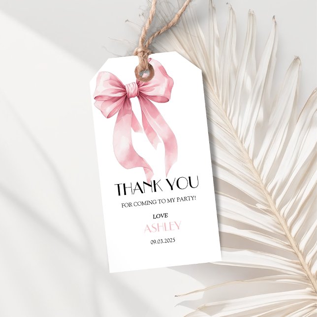 Etiqueta Para Presente Aniversário com Laço Rosa (Pink bow thank you gift tag.)