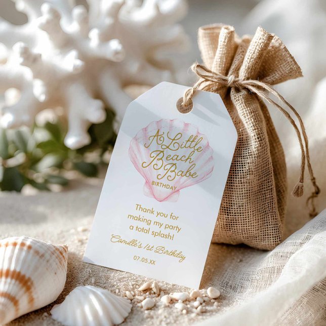 Etiqueta Para Presente Aniversário da Pequena Bebê de Praia Rosa (Minimal Ocean Girl First Birthday Favor Tag)