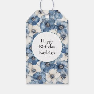 Etiqueta Para Presente Aniversário das Flores de Denim Branco Azul