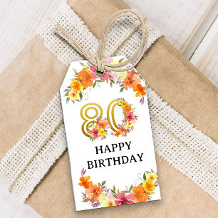 Etiqueta Para Presente Aniversário de 80 anos Floral Dourado Número 80 Pa