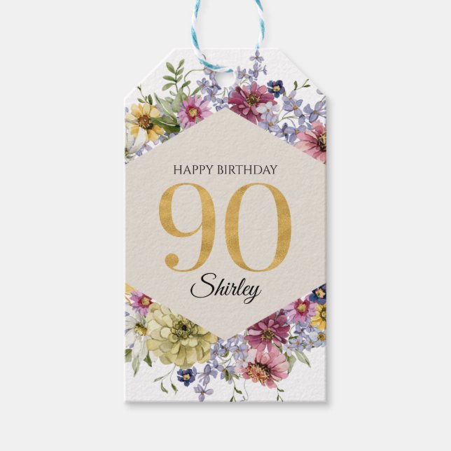 Etiqueta Para Presente Aniversário de 90 anos personalizado Wildflower (Frente)