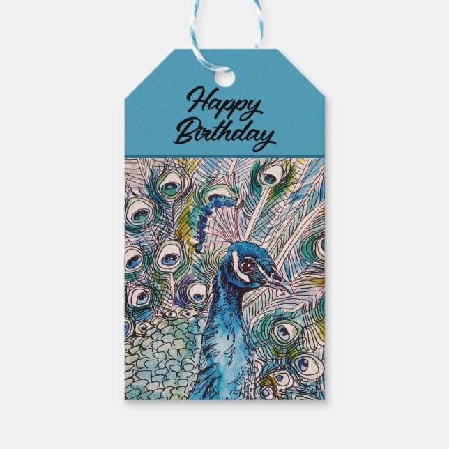 Etiqueta Para Presente Aniversário de Arte com Aquarela Azul Elegante (Frente)