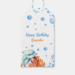 Etiqueta Para Presente Aniversário de criança de golfinho de coral azul e