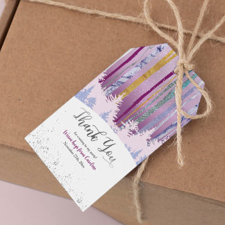 Etiqueta Para Presente Aniversário de Inverno Azul Roxo com Árvores de Ne