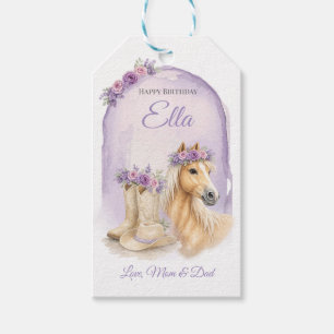 Etiqueta Para Presente Aniversário de Menina com Cavalo Floral Roxo