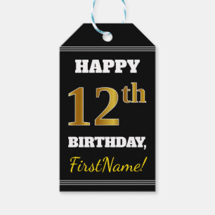 Etiqueta Para Presente Aniversário do 12 Dourado preto, preto + nome pers