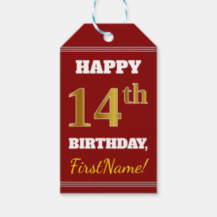 Etiqueta Para Presente Aniversário do 14 Vermelho, Faux Dourado + Nome P