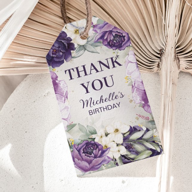 Etiqueta Para Presente Aniversário do Floral Branco Puro - Obrigado (Purple and white floral birthday party "Thank you" gift tags)