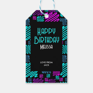 Etiqueta Para Presente Aniversário do Padrão Geométrico Neon Brilhante Mo