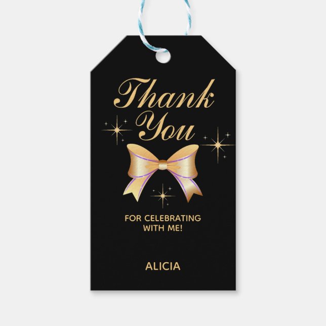 Etiqueta Para Presente Aniversário Dourado Clássico da Fita Negra Obrigad (Frente)