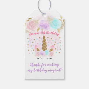 Etiqueta Para Presente Aniversário Dourado e Rosa Do Unicórnio Obrigado